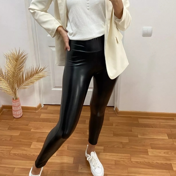 High Waist Slick Faux Leather Leggings - Picture 13 of 15